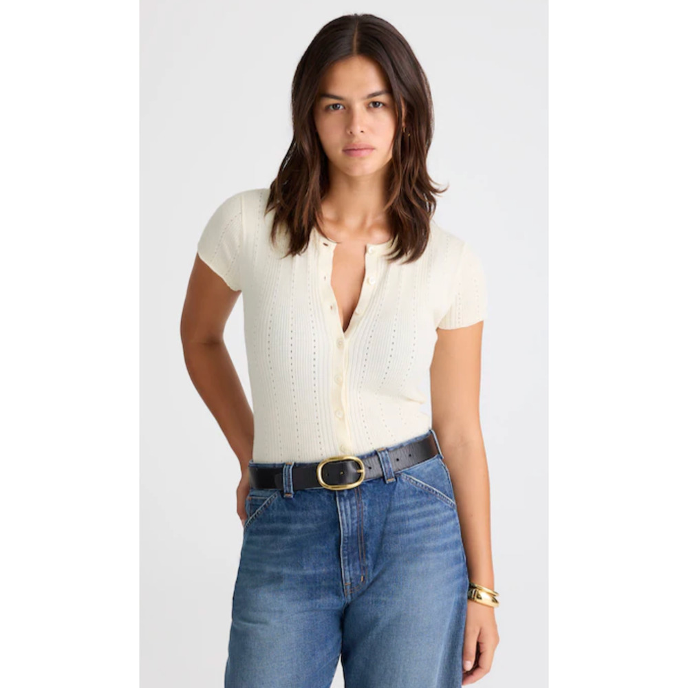 Madewell Cream Short-Sleeve Button Rib Knit Top